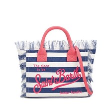 Borsa saint barth tracolla blu bianca righe orizzontali nappe fatta a mano