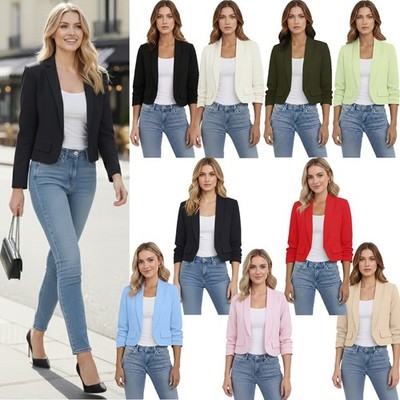 Damen Cropped Blazer geraffte Ärmel vorne offen Smart Freizeit Jacke mit Taschen
