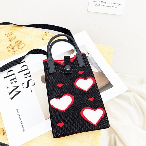 Black Knit Heart Pattern Mini Crossbody Phone Bag Button, Top Handle, Strap