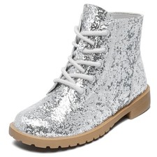 Girls Glitter Ankle Boots Side Zipper Combat Shoes 8 Toddler Silver Glitter