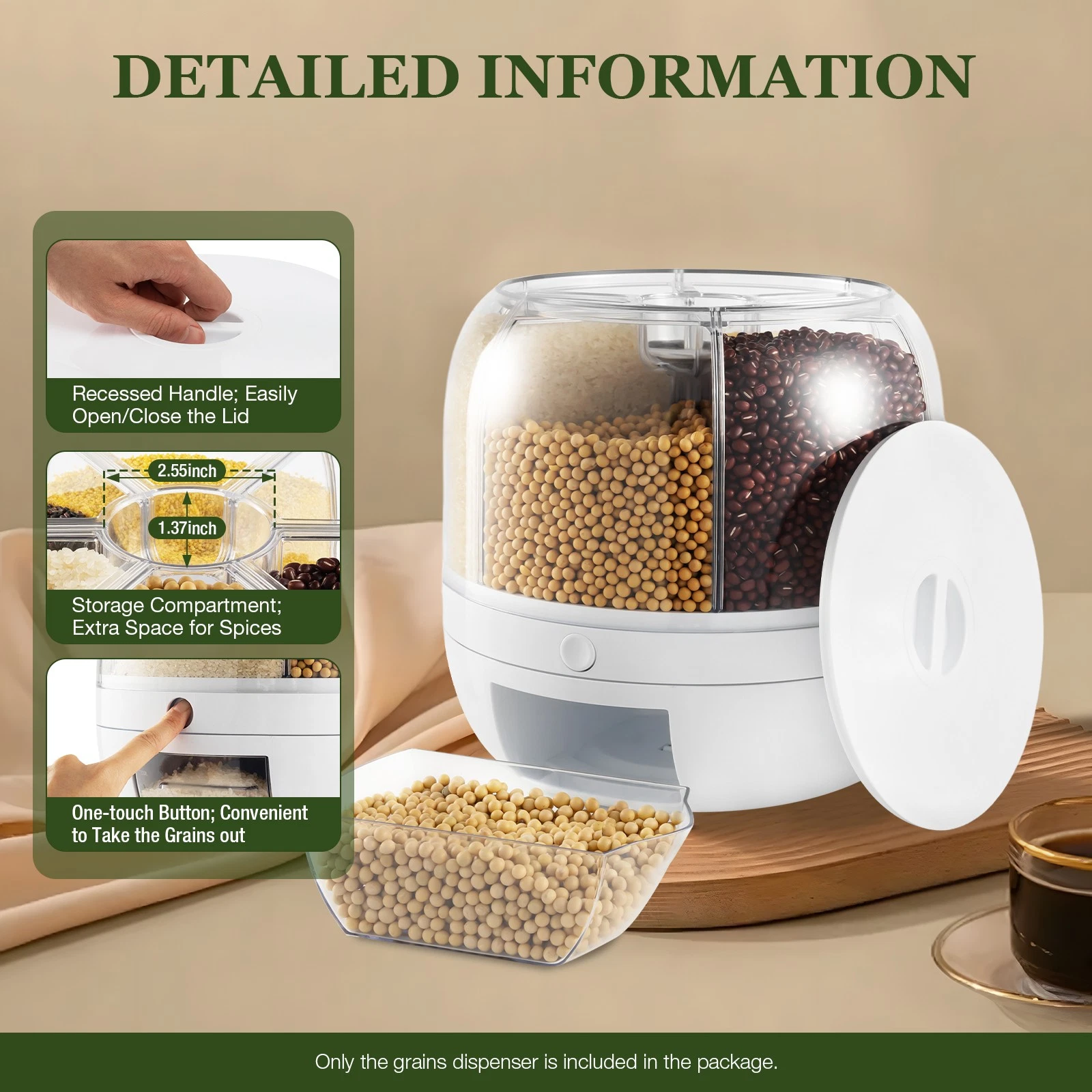 360° Rotatable Cereal Grain Dispenser Storage Box Kitchen Rice Container US