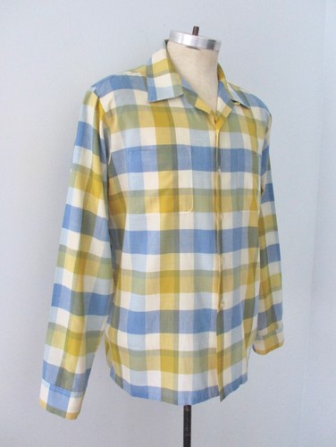 Vtg 50s 60s Blue Yellow Plaid Thin Cotton Camp Dad Button Loop Shirt No Tuck L - Picture 3 of 6