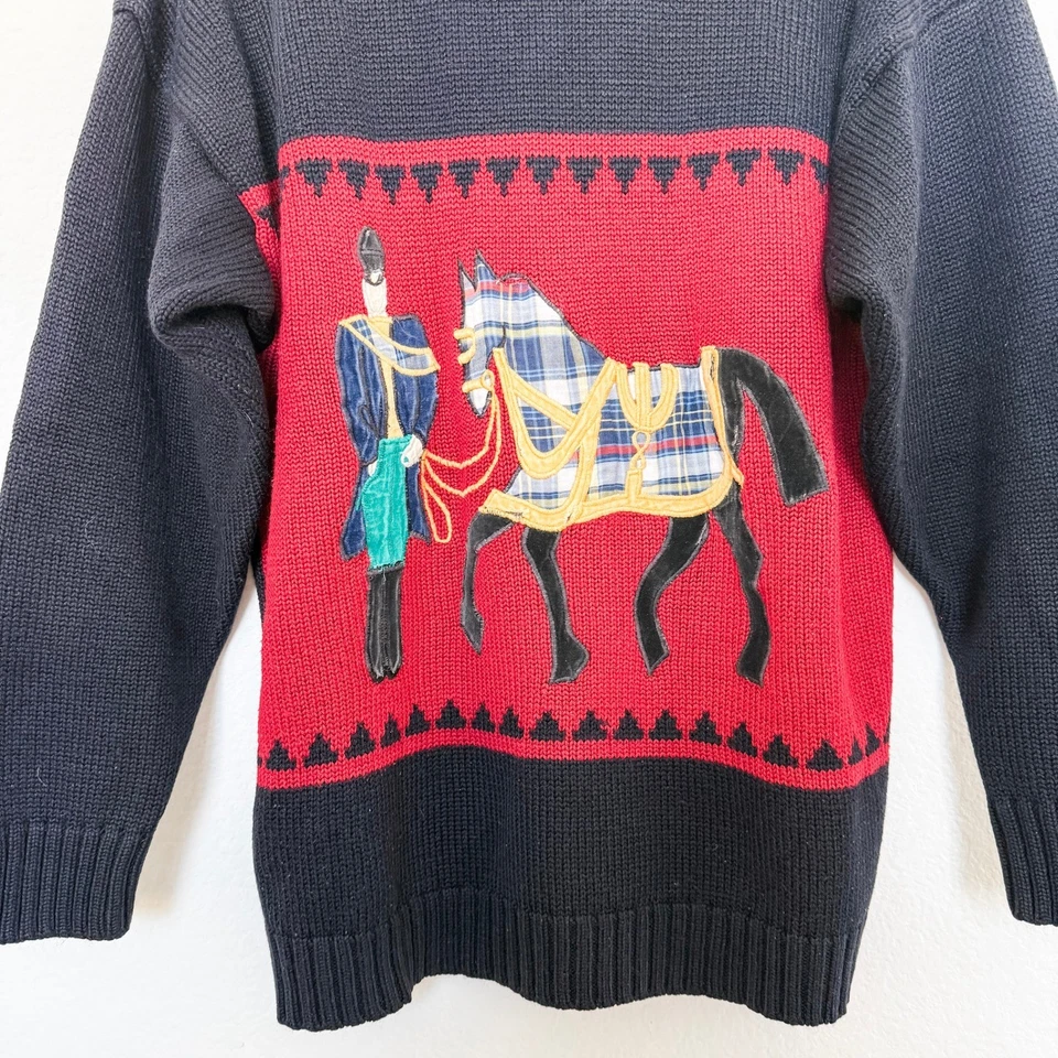 VTG Sweater Size M Black Red Equestrian Horseman Knit Novelty Holiday Old Money - Image 3 of 4