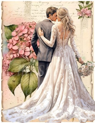 Handmade 8x10 Bride & Groom in Hydrangea Wedding Craft Quilt Cotton Fabric Block