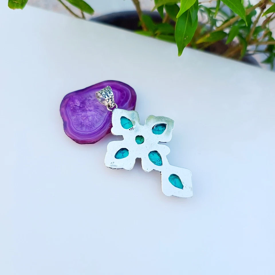 Turquoise Cross Pendant 925 Sterling Silver Handmade Gemstone Jewelry 2.55" - Image 4 of 4