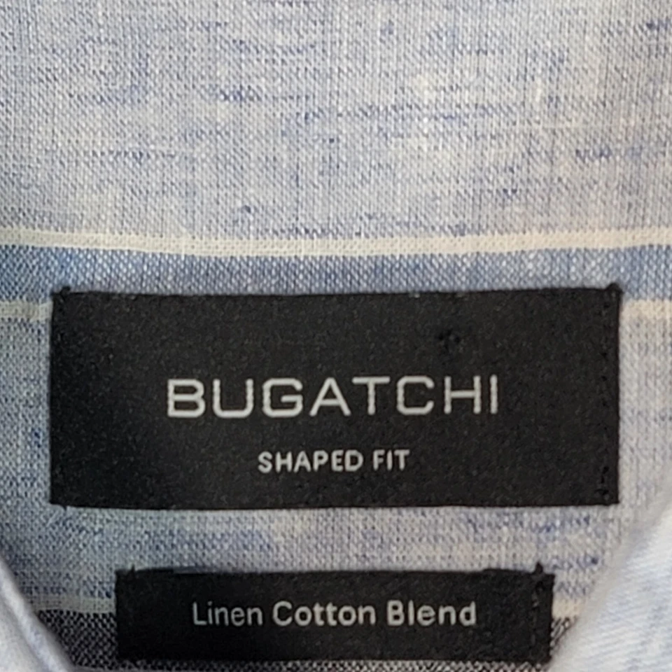 Bugatchi Shirt Mens Large Blue Striped Shaped Fit Linen Blend - Image 2 of 4