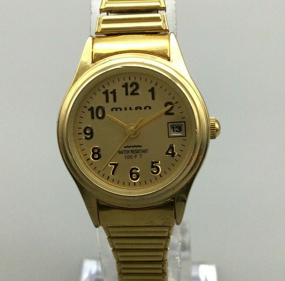 Milan Watch Women Gold Tone Date Round Dial 30M Stretch Band New Battery 