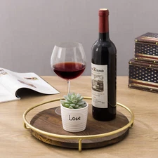 MyGift 12 Inch Dark Brown Burnt Wood and Brass Metal Wire Round Serving Tray