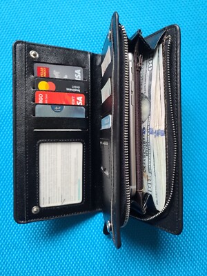 Boweisi Leather Zip Bifold Long Wallet Black Multi Card Holder