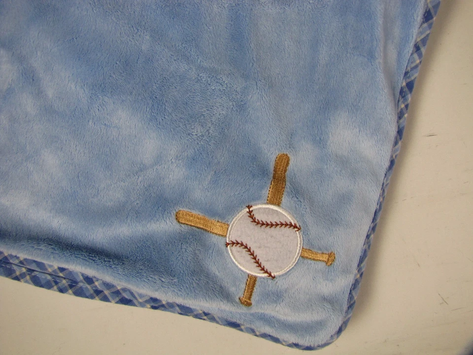 Manta de bebé Cocalo azul apliques de béisbol niño encuadernación a cuadros 32 x 27 BONITA Foto 4 de 4