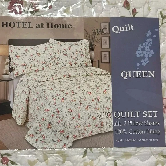 Juego de 3 edredones Hotel at home Queen estampado floral rosa y malva Foto 4 de 4