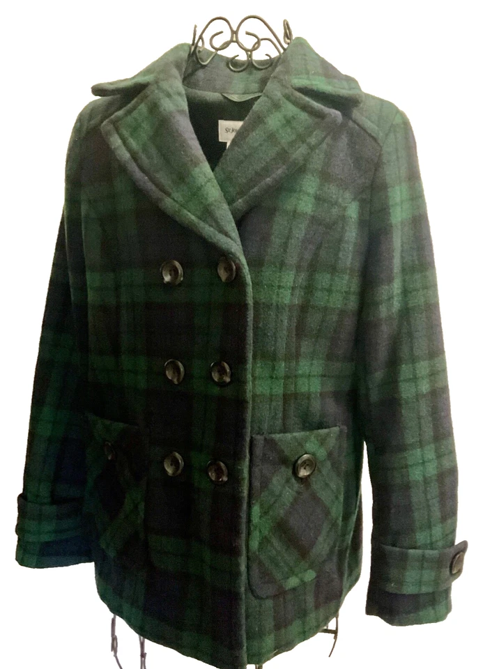 Abrigo St. John’s Bay verde/azul marino a cuadros doble botonadura lana guisante talla S Foto 2 de 4