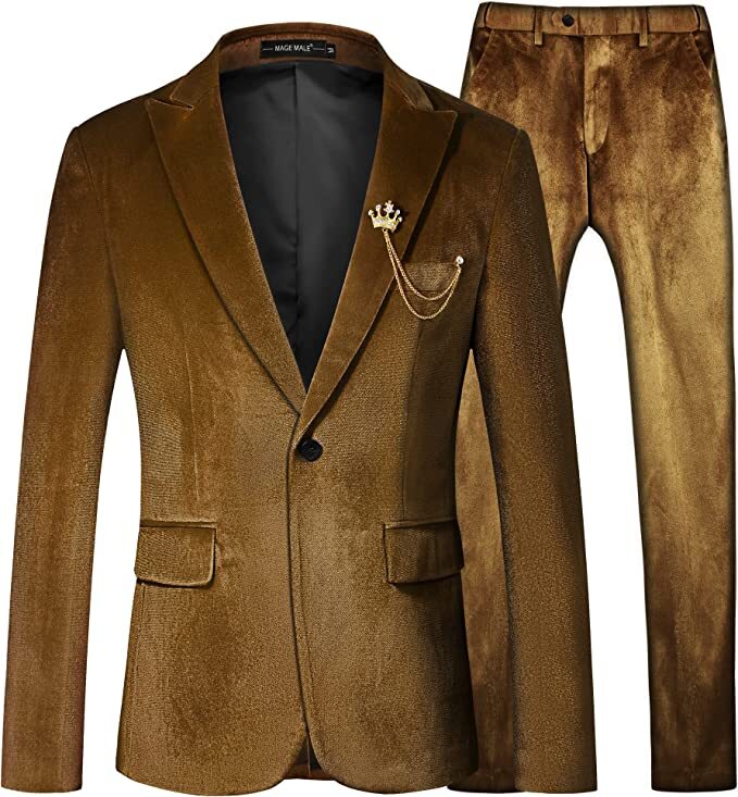 Brown Men Velvet Suit Groom Tuxedo Wedding One Button Prom