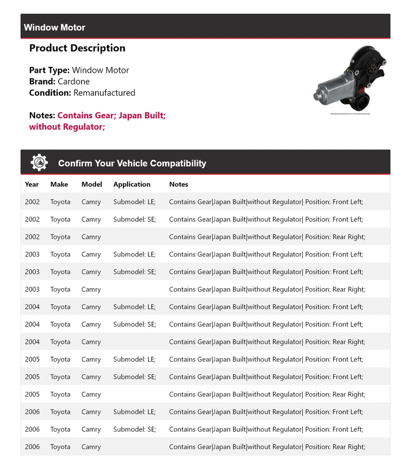 Para Toyota Camry 2002-2006 Ventana Motor Cardone 2003 2004 2005 Foto 2 de 4