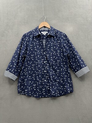 Foxcroft Women s Large Navy Blue White Bird Easy Care Button Down Top