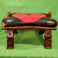 Antique Egyptian Moroccan Camel Saddle Stool Leather Seat Brass Accents Folding 