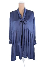 Monica Nera Silk Babydoll Swing Mini Dress XS Navy Blue Alexis Retro Neck Bow