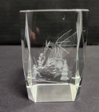3D Laser Etched Glass Fire Breathing Dragon & Dragon Slayer Paperweight 3"