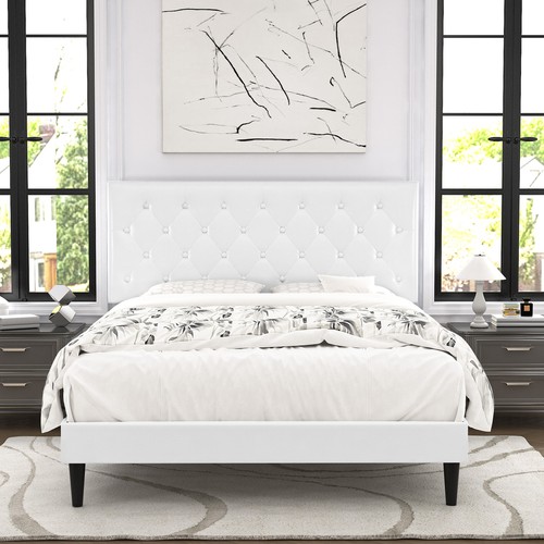 Sifurni Queen Platform Bed Frame with Button Tufted Adjustable Headboard, White - Picture 2 of 8