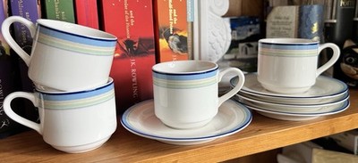 4 X NORITAKE AMBIENTE JAVA BLUE SWIRL ESPRESSOTASSEN + UNTERTASSEN SET