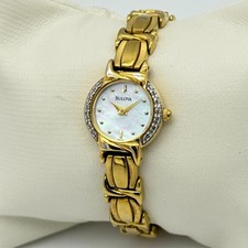 2003 Women's BULOVA Gold Tone Bracelet Watch, MOP Dial, Diamond Bezel, 98R88