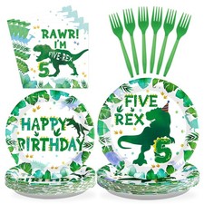 Dinosaur 5th Birthday Decorations - 96 Pcs Plates, Napkins, Tableware for Kids