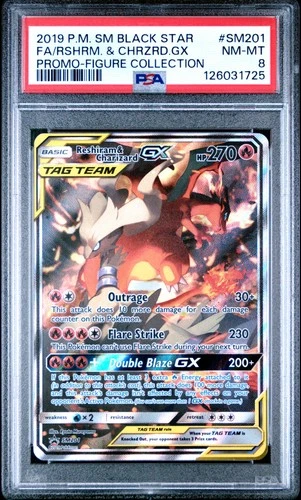 2019 POKEMON SM BLACK STAR PROMO #SM201 FULL ART/RESHIRAM & CHARIZARD GX PSA 8