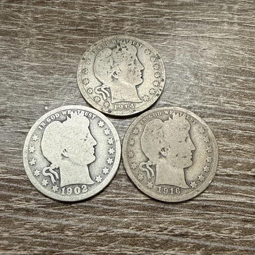 Barber Quarter 90% Silver Lot of 3 1902 1914 1916 RARE BARBERS 100+ YEARS OLD