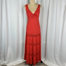 Vtg ShadowLine Slip Dress Gown Sz M Red Satin Lace V Neck Tiered Nightgown EUC 