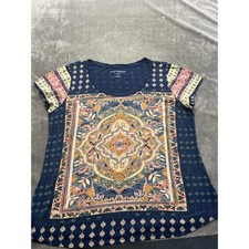 Lucky Brand Womens 1X Navy Blue Boho Medallion Floral Tile Slub Knit T-Shirt
