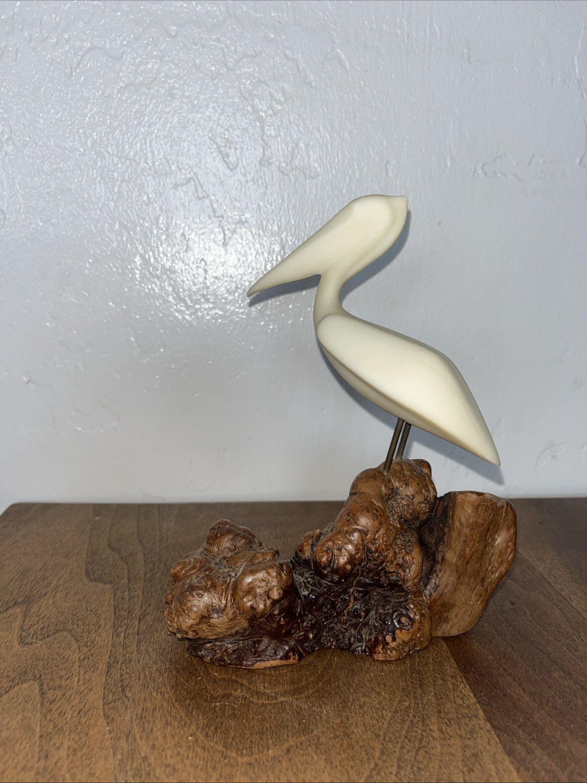 Vintage John Perry Pelican Sculpture Statue Bird On Burl Wood Beach Decor