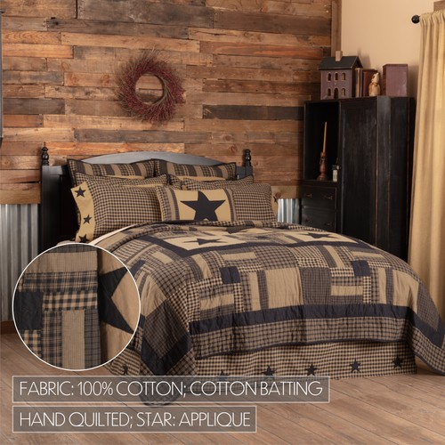 Primitive Queen Quilt Set schwarz appliziert Karo Stern Baumwolle VHC Marken - Bild 8 von 12