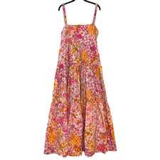 Free People Park Slope Babydoll Tiered Maxi Dress Size M Pink Floral Blossom 70s