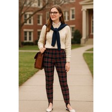 Vintage Womens Tartan Plaid Pants High Waist Stirrup 80s Preppy Academia MP