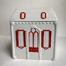 Mancer Cookie Jar Tea Caddy White & Red House Container Canister Ceramic Italy
