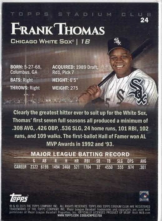 2019 Topps Stadium Club Frank Thomas (White Sox) Card No. 24 - Image 2 of 2