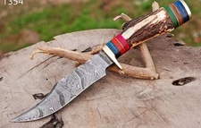 Vintage Custom Handmade Hunting Knife Damascus Steel Stag Antler Handle Bowie