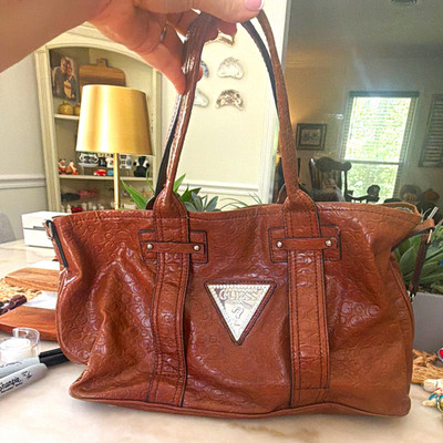 GUESS Brown Monogram Tote Bag Rhinestone Logo Silver Hardware Magnetic Lined