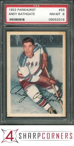 1953 PARKHURST #56 ANDY BATHGATE RC RANGERS HOF PSA 8 SET BREAK