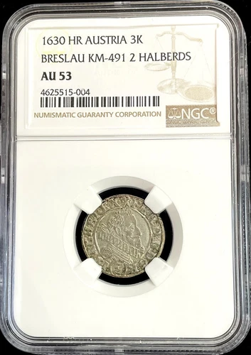 1630 SILVER AUSTRIA 3 KREUZER FERDINAND II BRESLAU COIN NGC ABOUT UNC 53