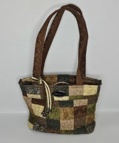 Donna Sharp Quilted Patchwork Handbag Olive Tan Brown Plaid Pattern Purse