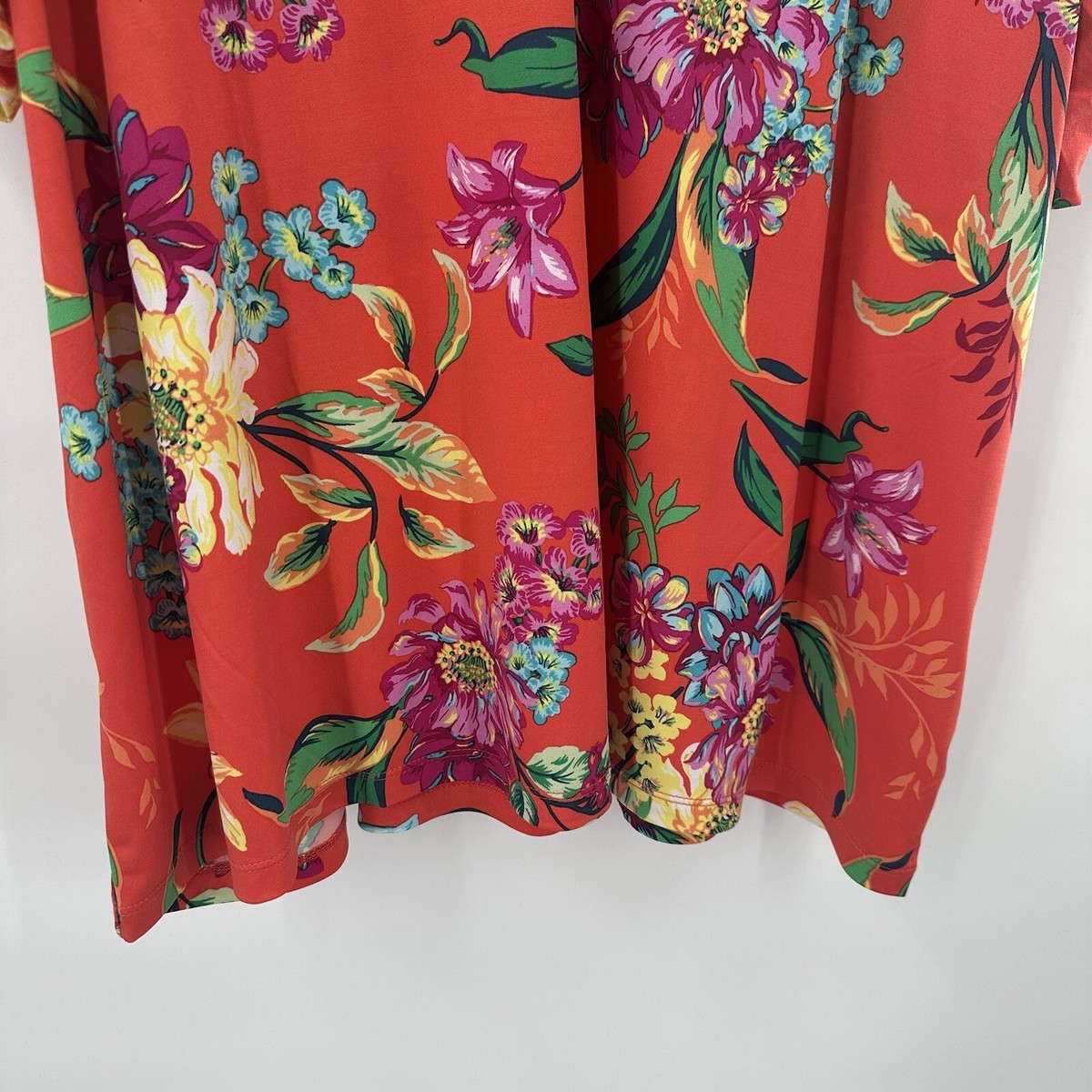 トップス SUSAN GRAVER flower pattern poly shirt Susan Graver Shirt Top Womens 2X 2XL Orange Tropical Liquid