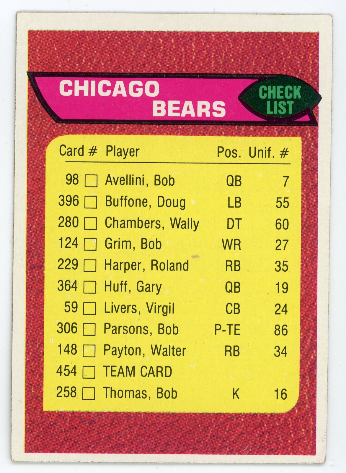 1976 Topps Chicago Bears Unmarked Team Checklist #454 Ex