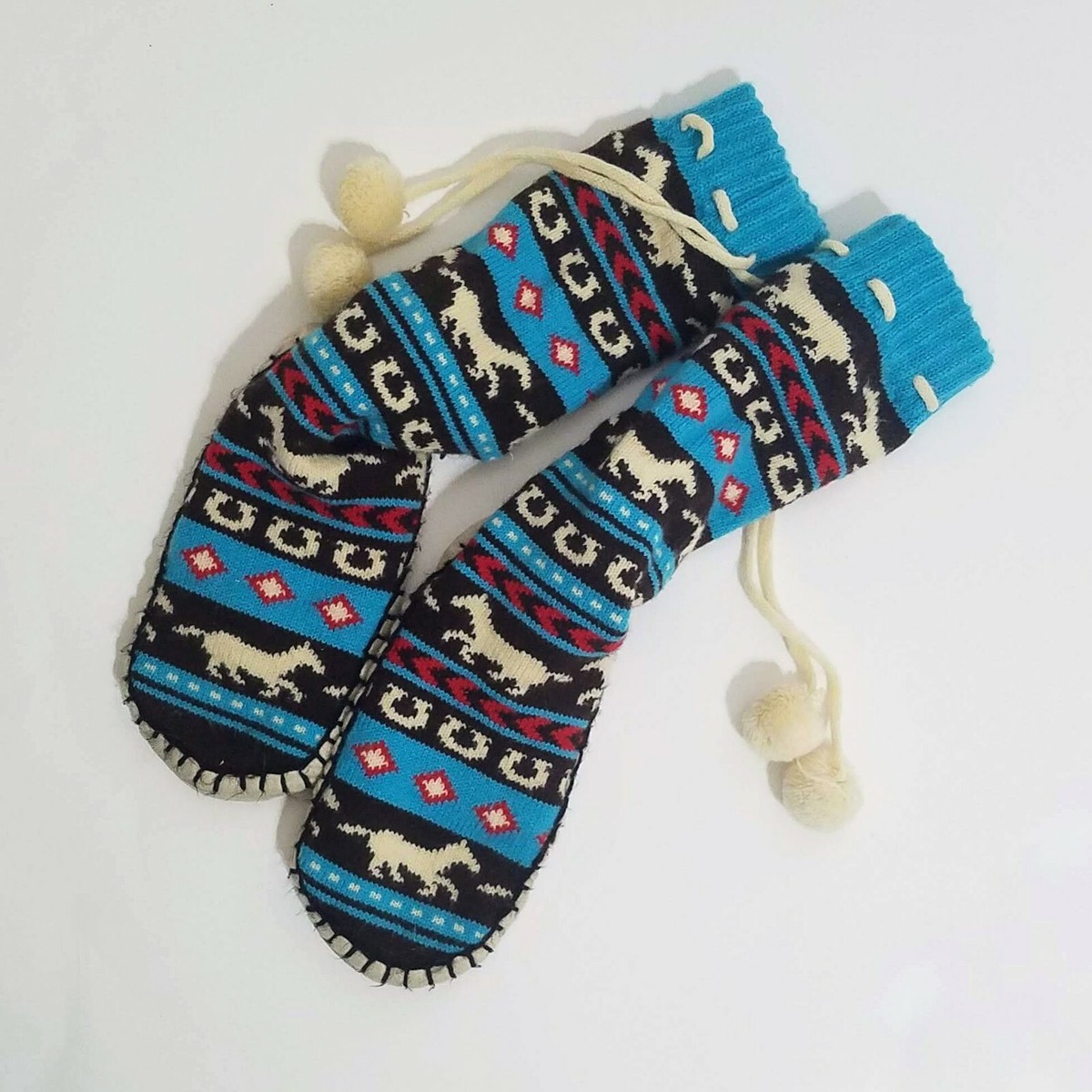 Lazy One Slippers M (7/8) Horses Fair Isle Muklul Soft Knit PomPom Tie - Main Image