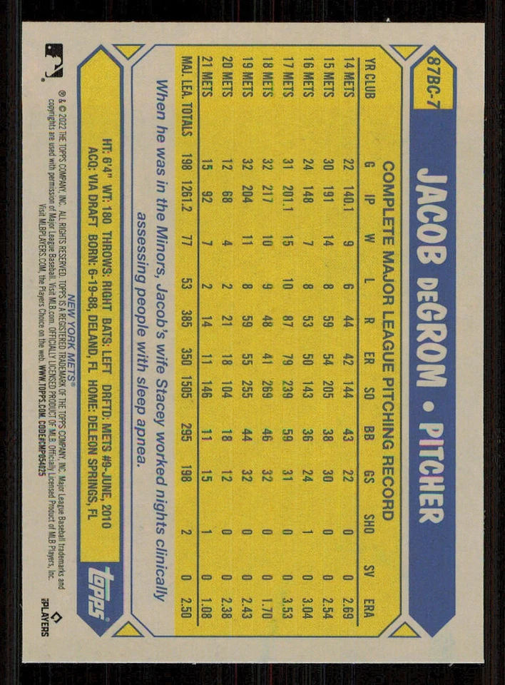 2022 Topps Chrome '87 Topps #87BC7 Jacob deGrom - Image 2 of 2