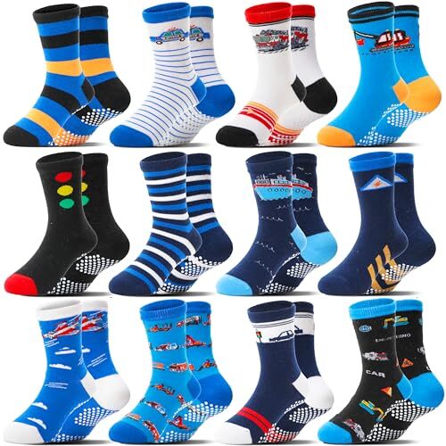 Baby Boys Grips Socks 12 Pairs Kids Toddlers Infants 5-8 Years Cars & Trucks - Picture 2 of 7
