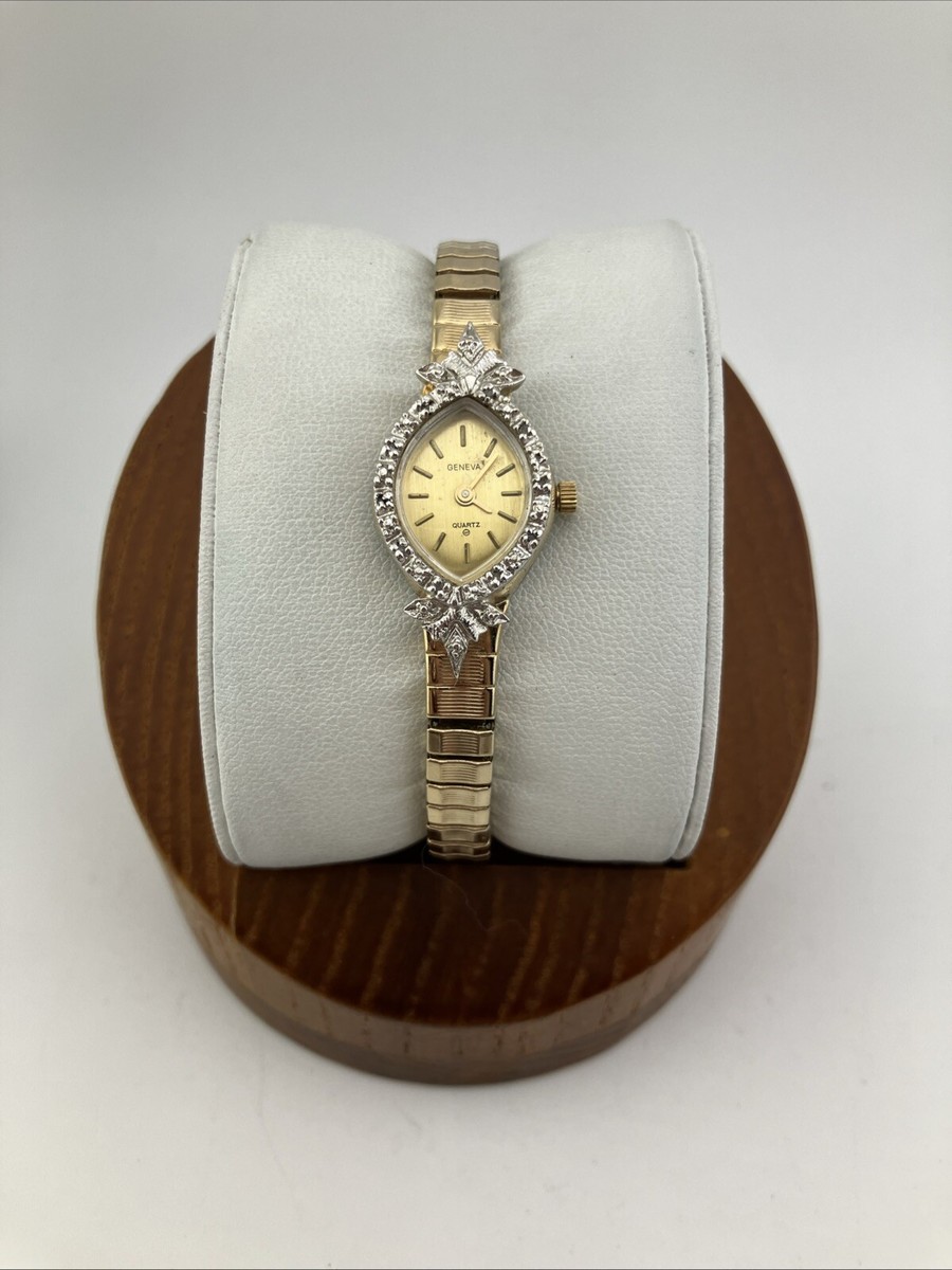 Vinatge Geneva Ladies 17mm Watch Gold Tone Diamond Bezel Oval Stretch Band-  RUNS