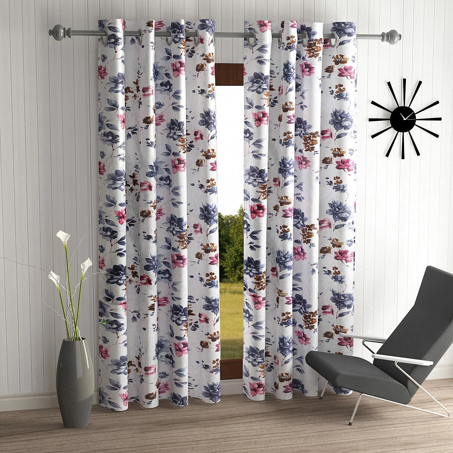 New 2 Piece Eyelet Polyester Door Curtain Set - 7 feet Grey