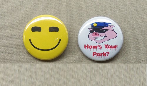 How’s Your Pork Pig Cop Hat & Smiling Yellow Face 1.25" Buttons Stand Flagg