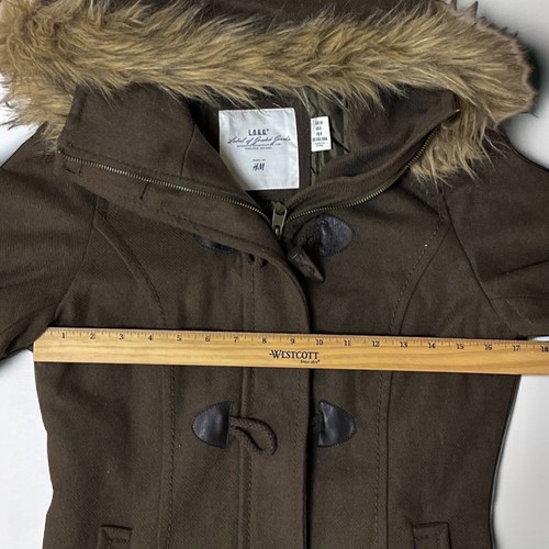 Logg Y2K Fur Lined Jacket Pea Coat Flare Fuzzy Hood Green Brown Bella 2000s M - Picture 13 of 15